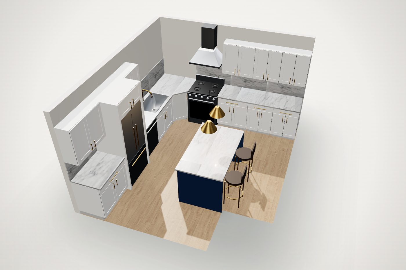 The same kitchen in 3D with the walls cut away: white cabinets, a navy island, a range hood and pendant lights