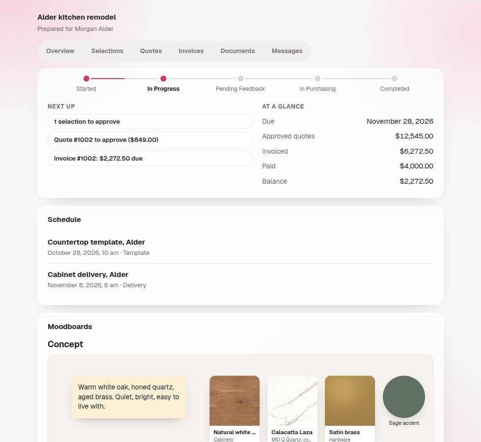 A client's project page: the business logo and project name at the top, a moodboard, and selections with Approve all