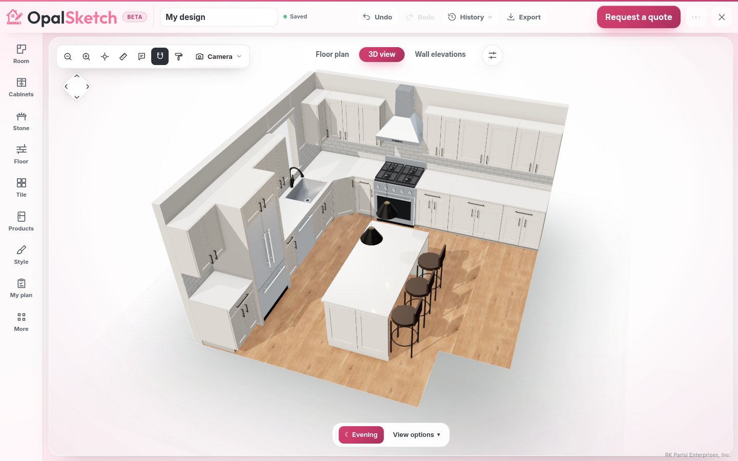 The OpalSketch 3D designer with an L-shaped kitchen and an island