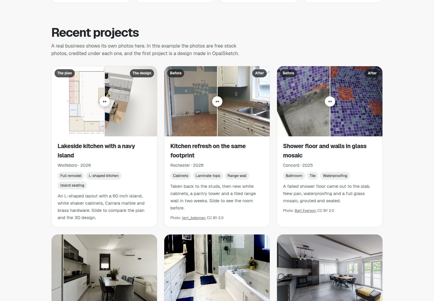 The portfolio section of the example site: project cards with plan and design or before and after sliders, place, year and scope