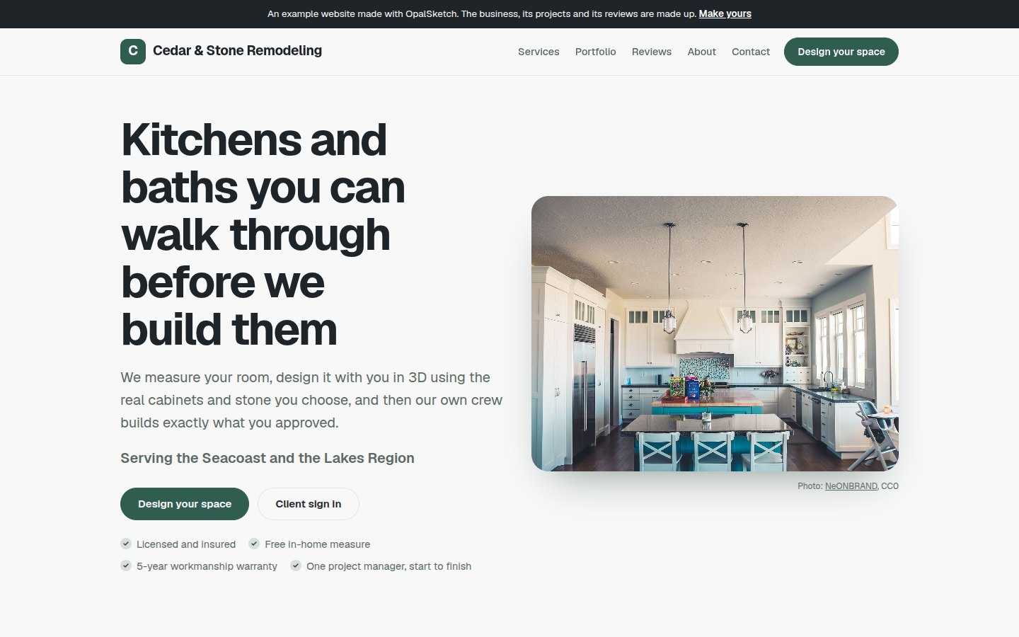 An example contractor website made with OpalSketch: a headline, a kitchen photo, trust badges and a Design your space button