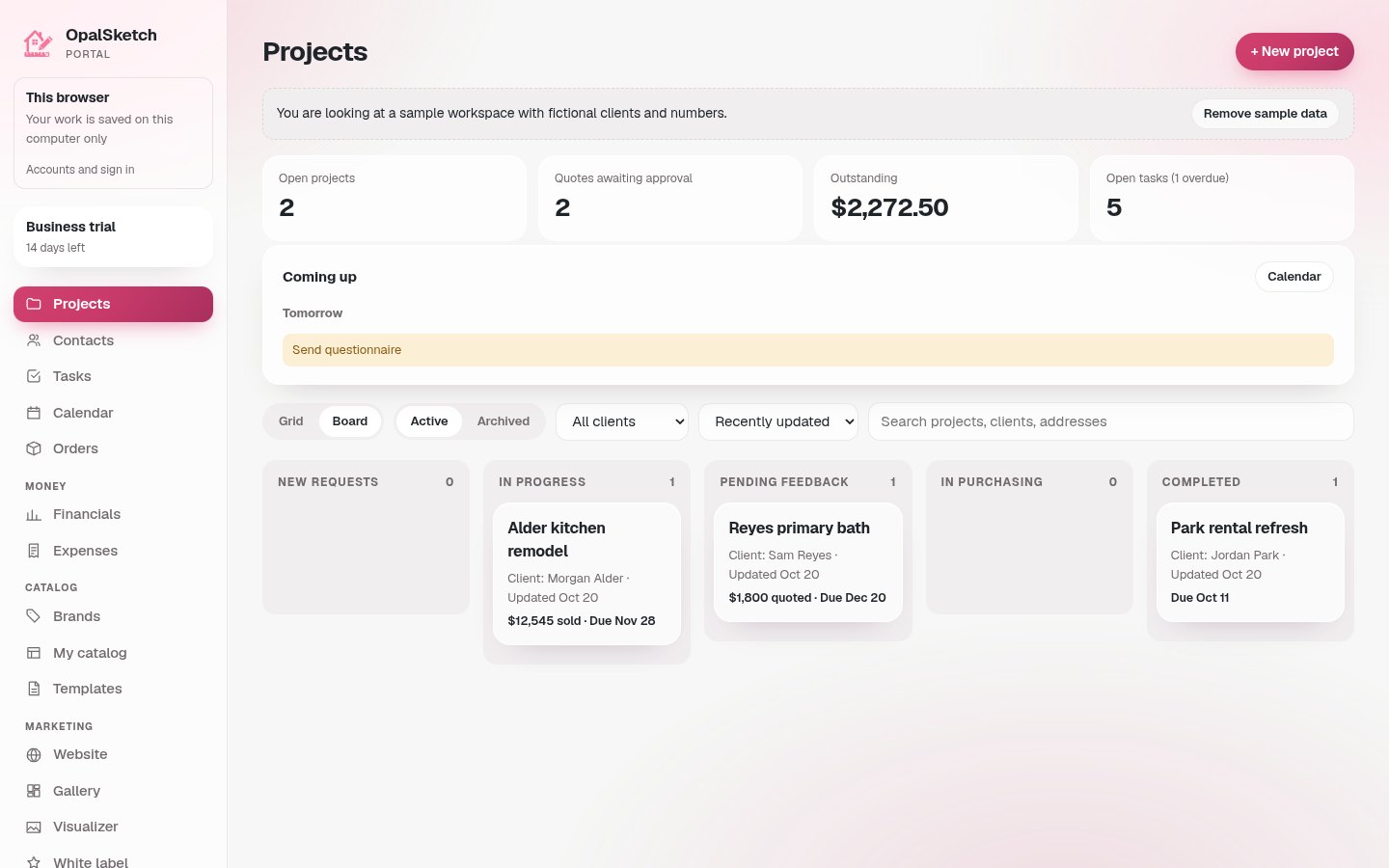 The portal with the sample workspace loaded: a project board with five stages